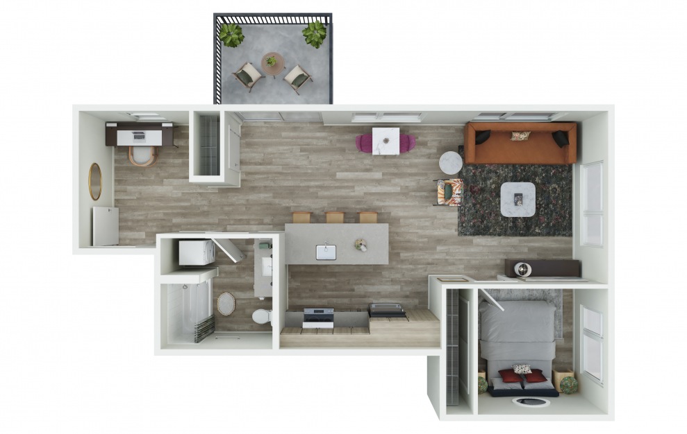 1.16 + D - 1 bedroom floorplan layout with 1 bath and 735 square feet. (3D)