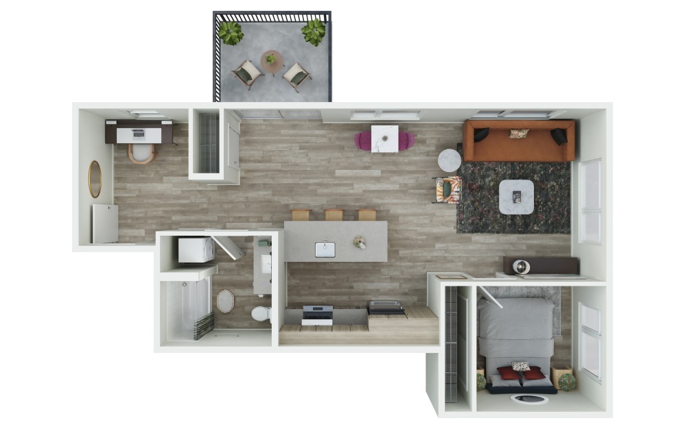 1.16 + D - 1 bedroom floorplan layout with 1 bathroom and 735 square feet (3D)