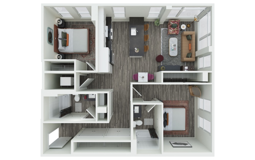 2.01 lvl 4 - 2 bedroom floorplan layout with 2 bathrooms and 1084 square feet (3D)