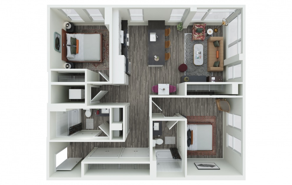 2.01 lvl 4 - 2 bedroom floorplan layout with 2 baths and 1084 square feet. (3D)
