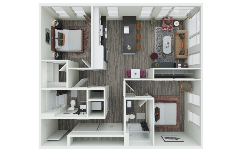 2.01 - 2 bedroom floorplan layout with 2 bathrooms and 1073 - 1084 square feet (3D)