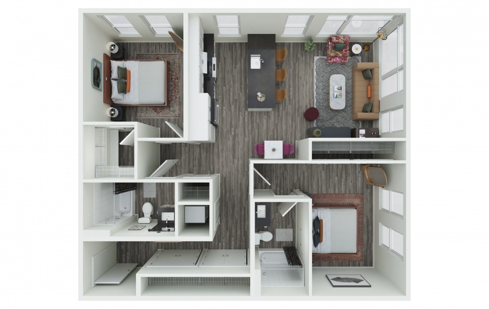 2.01 - 2 bedroom floorplan layout with 2 baths and 1073 to 1084 square feet. (3D)