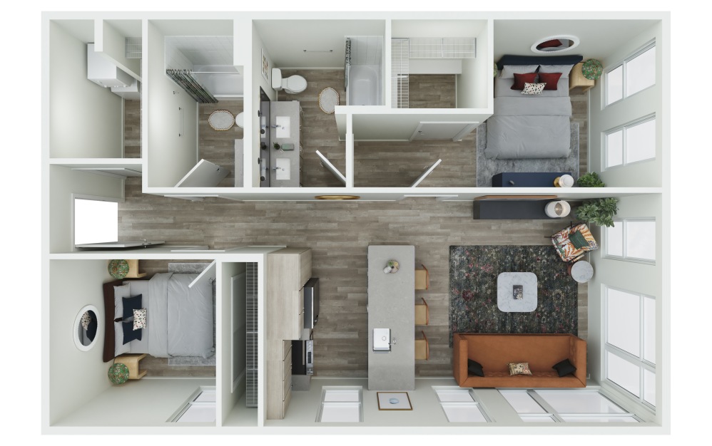 2.02 - 2 bedroom floorplan layout with 2 bathrooms and 925 square feet (3D)