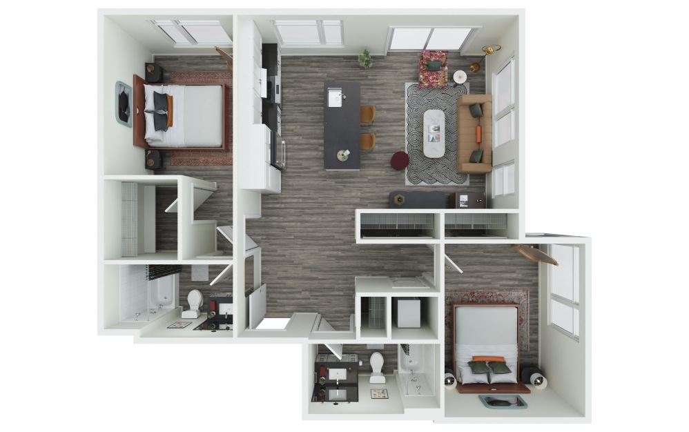 2.03 - 2 bedroom floorplan layout with 2 bathrooms and 1036 square feet (3D)