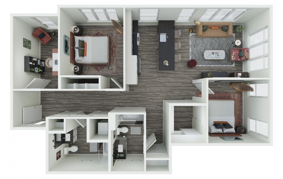 2.04 + D - 2 bedroom floorplan layout with 2 baths and 1199 to 1243 square feet. (3D)