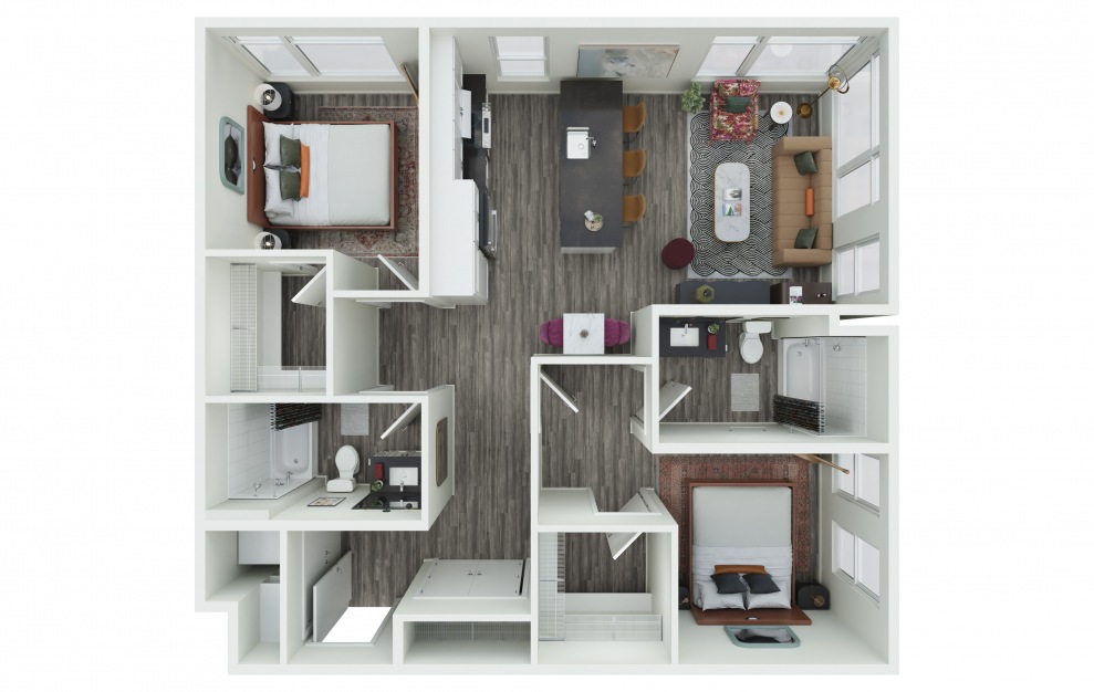 2.06 - 2 bedroom floorplan layout with 2 baths and 1020 to 1025 square feet. (3D)