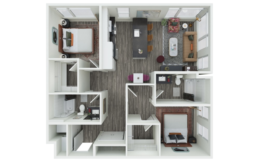 2.06 - 2 bedroom floorplan layout with 2 bathrooms and 1020 - 1025 square feet (3D)