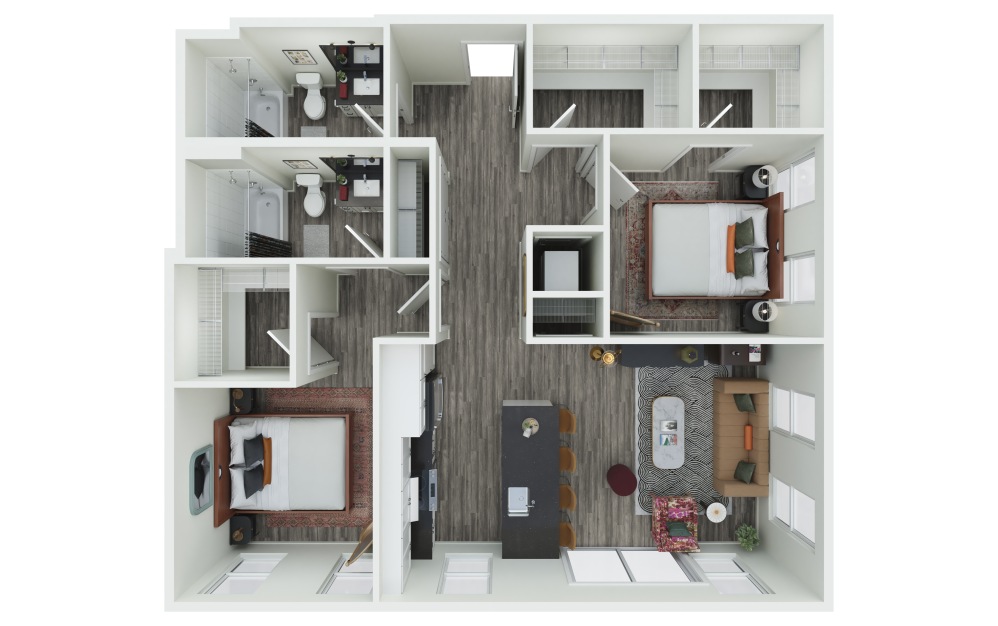 2.08 - 2 bedroom floorplan layout with 2 bathrooms and 1041 square feet (3D)