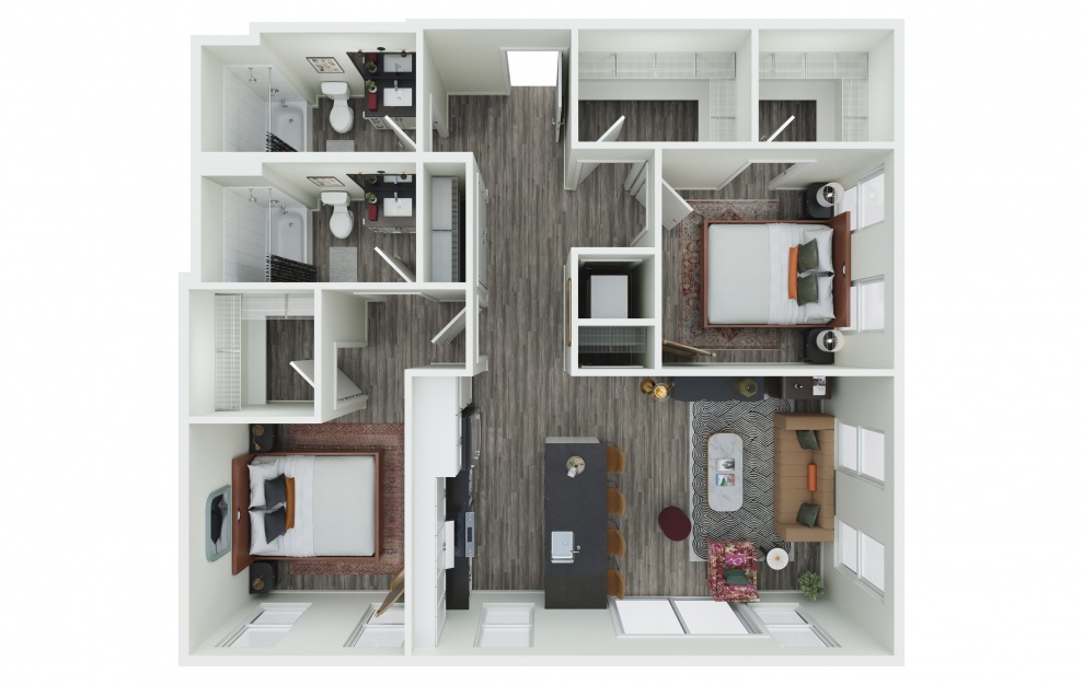 2.08 - 2 bedroom floorplan layout with 2 baths and 1041 square feet. (3D)