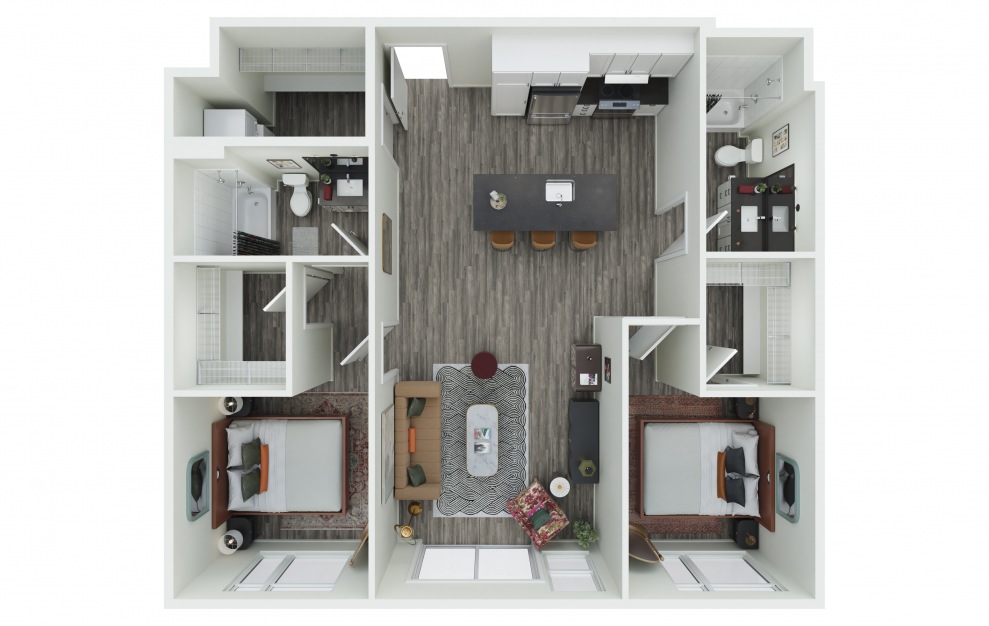 2.09 - 2 bedroom floorplan layout with 2 baths and 1037 square feet. (3D)
