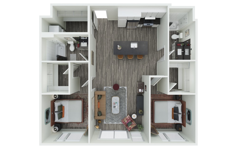 2.09 - 2 bedroom floorplan layout with 2 bathrooms and 1037 square feet (3D)