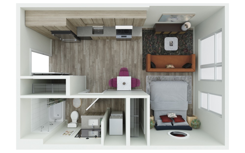 S.01 - Studio floorplan layout with 1 bathroom and 441 - 470 square feet (3D)