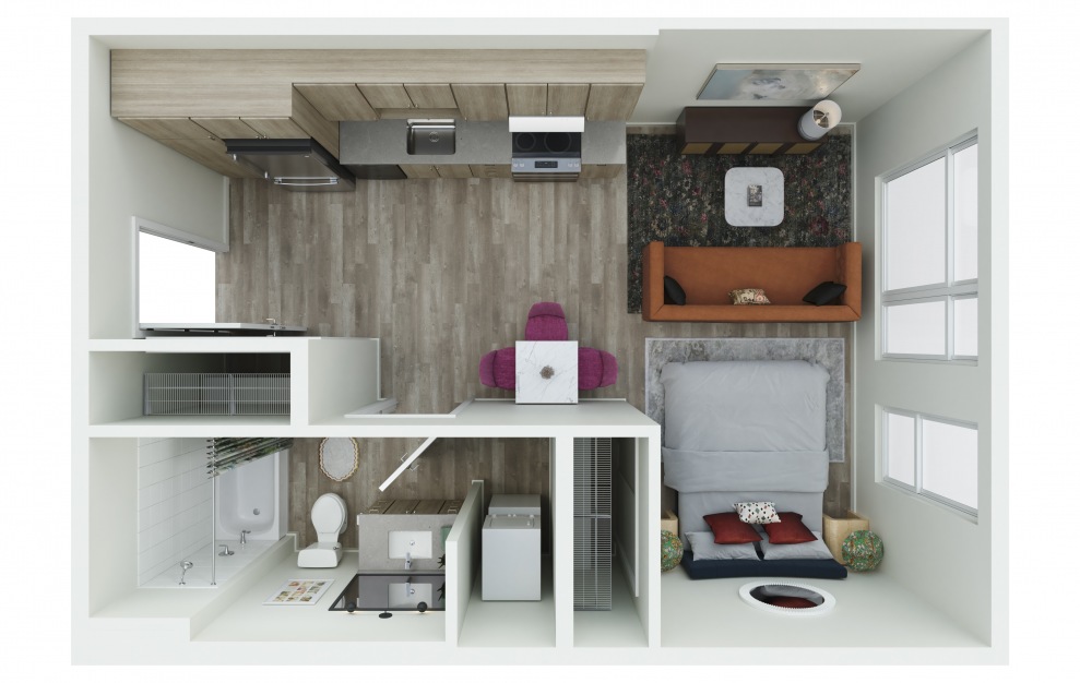 S.01 - Studio floorplan layout with 1 bath and 441 to 470 square feet. (3D)
