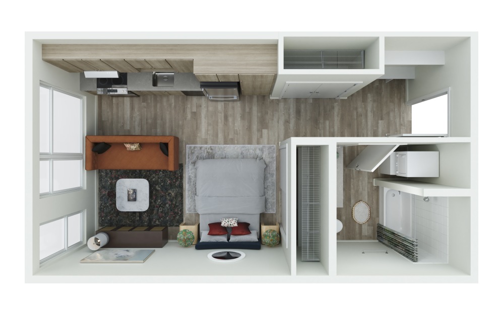 S.02 - Studio floorplan layout with 1 bathroom and 460 - 488 square feet (3D)