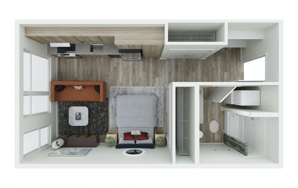 S.02 - Studio floorplan layout with 1 bath and 460 to 488 square feet. (3D)