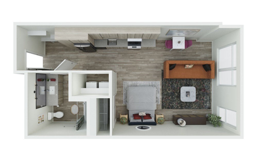 S.03-A - Studio floorplan layout with 1 bathroom and 613 square feet (3D)