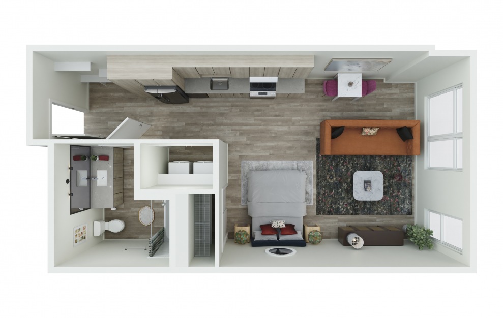 S.03-A - Studio floorplan layout with 1 bath and 613 square feet. (3D)