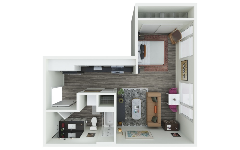 S.05 - Studio floorplan layout with 1 bathroom and 490 square feet (3D)