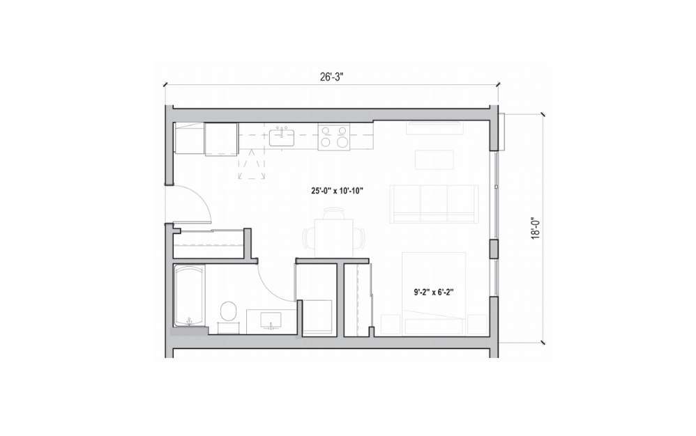 S.01 - Studio floorplan layout with 1 bath and 441 to 470 square feet. (2D)