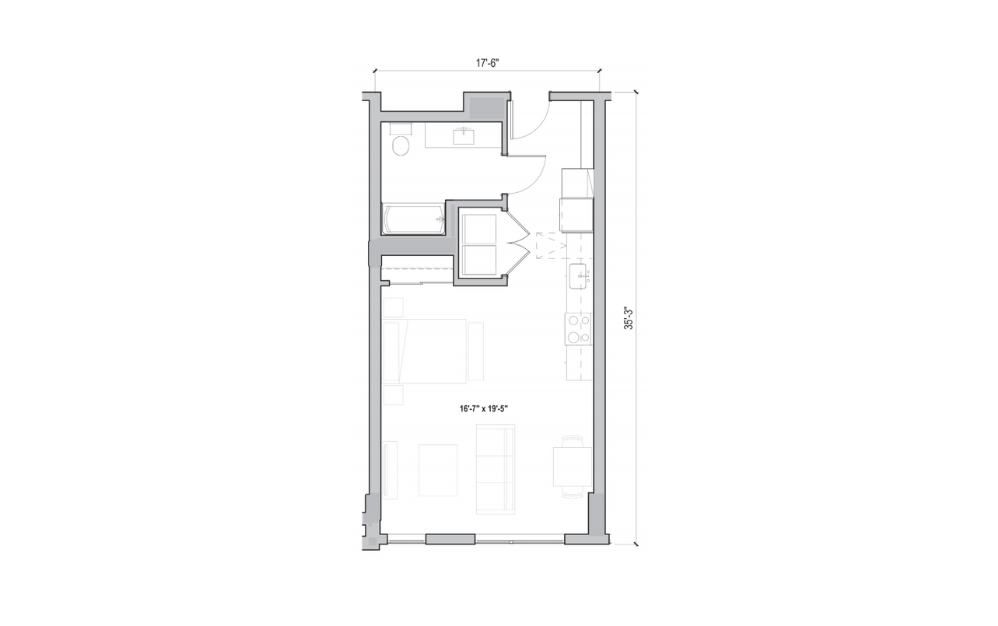 S.03-A - Studio floorplan layout with 1 bath and 613 square feet. (2D)