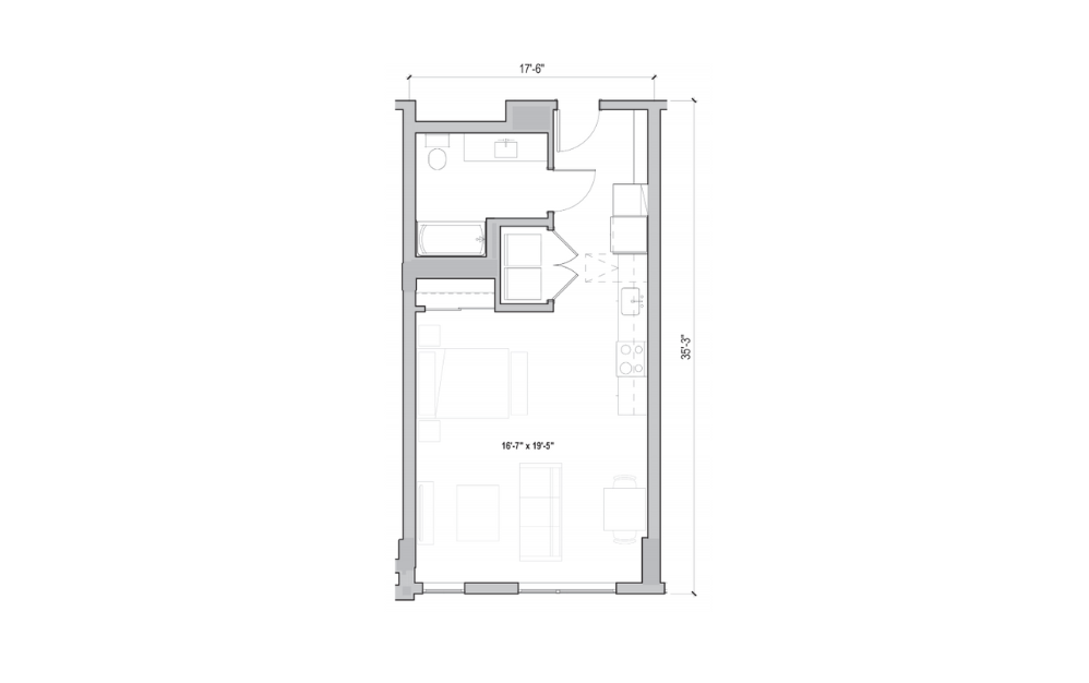 S.03-A - Studio floorplan layout with 1 bathroom and 613 square feet (2D)