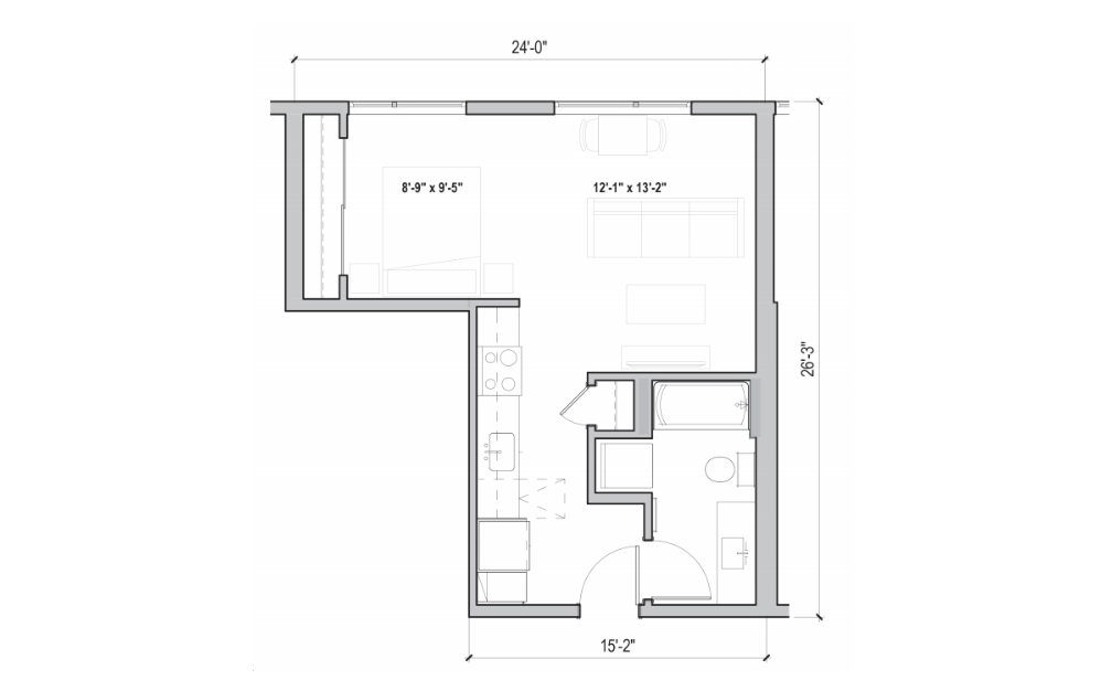 S.05 - Studio floorplan layout with 1 bath and 490 square feet. (2D)