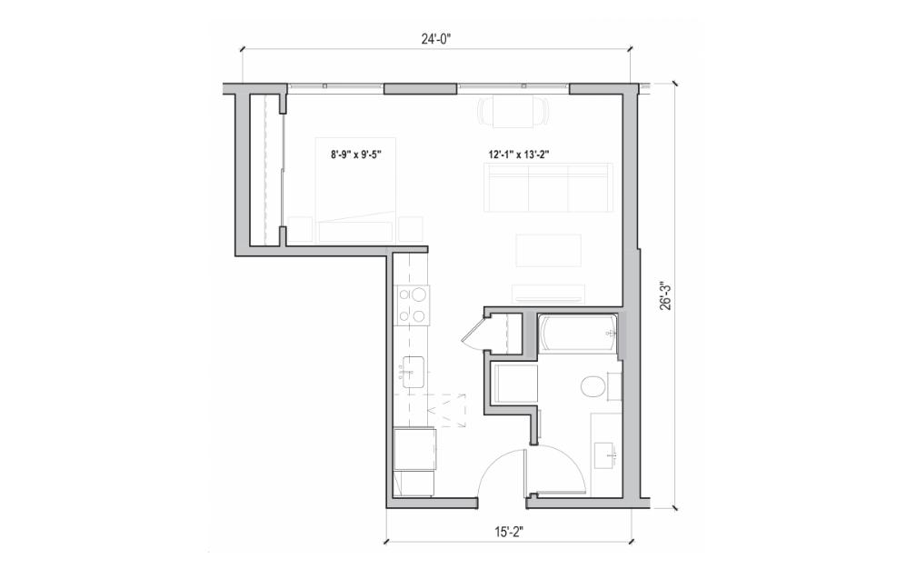 S.05 - Studio floorplan layout with 1 bathroom and 490 square feet (2D)