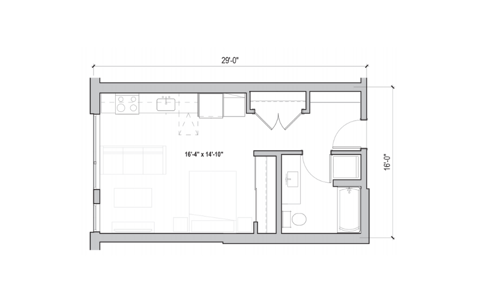 S.02 - Studio floorplan layout with 1 bath and 460 to 488 square feet. (2D)