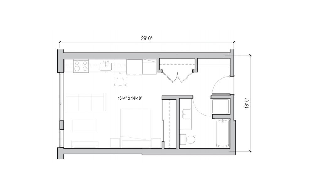 S.02 - Studio floorplan layout with 1 bathroom and 460 - 488 square feet (2D)