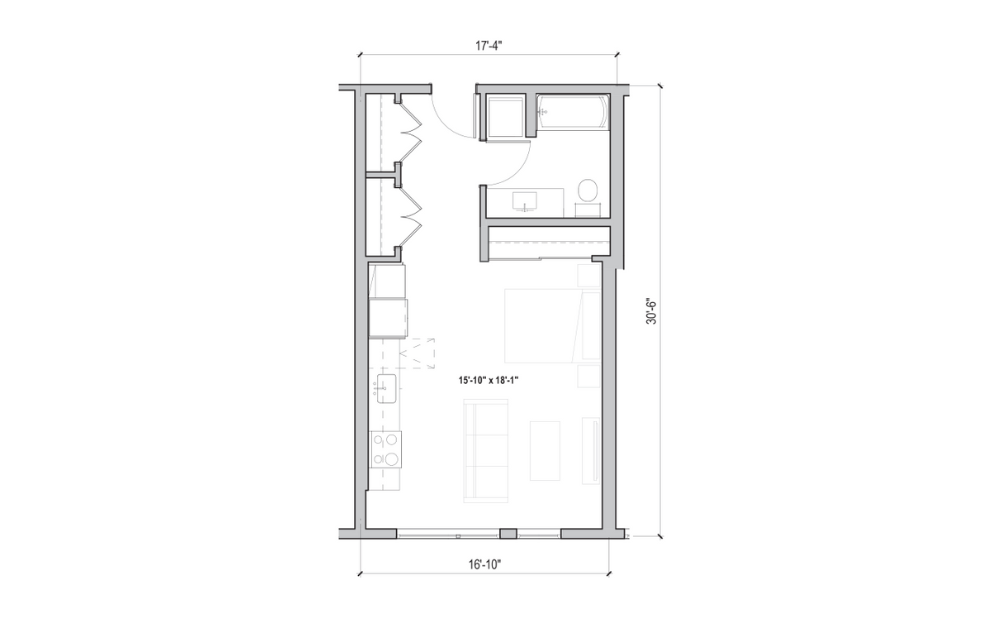 S.06 - Studio floorplan layout with 1 bath and 519 square feet. (2D)
